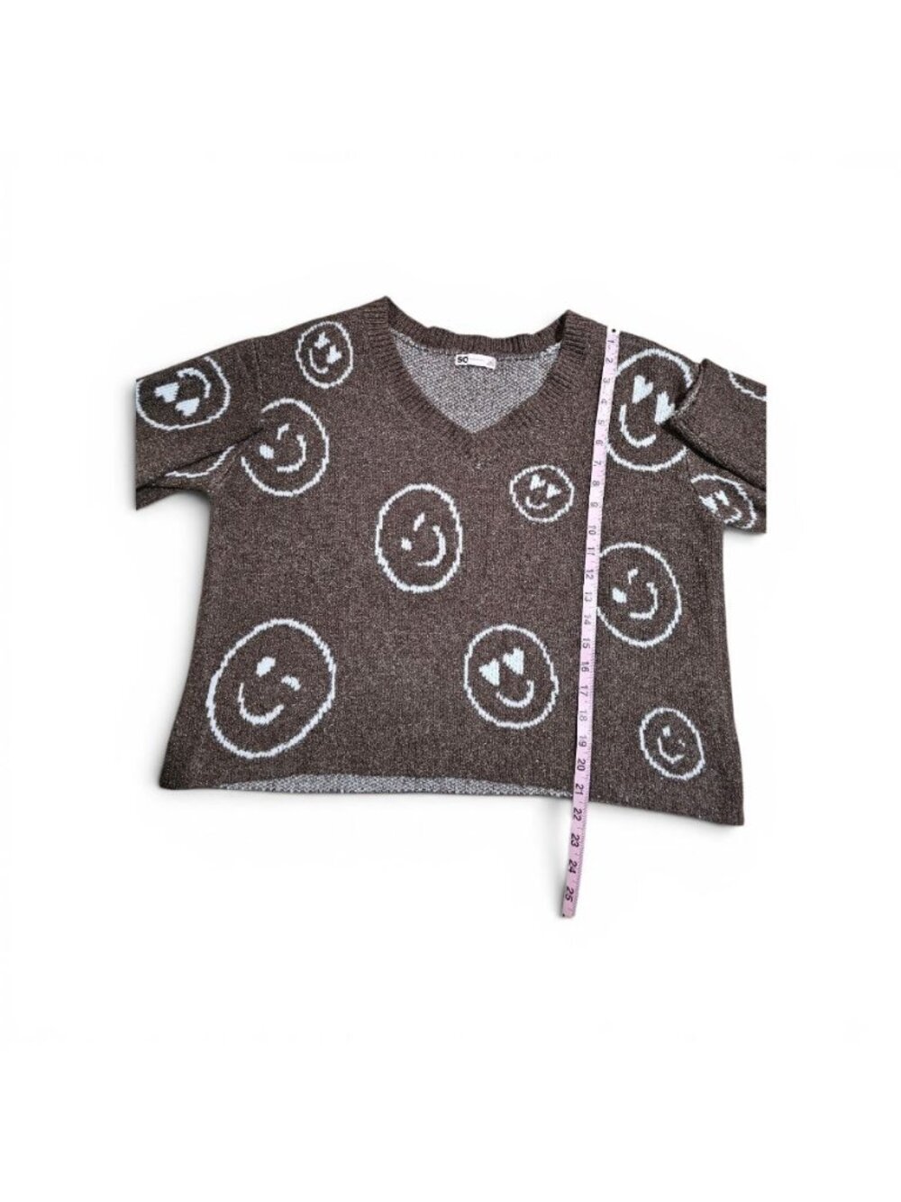 SO Goods For Life XL Brown V-Neck Sweater Smiley Face Print Y2K Retro Knit Top - Picture 6 of 6